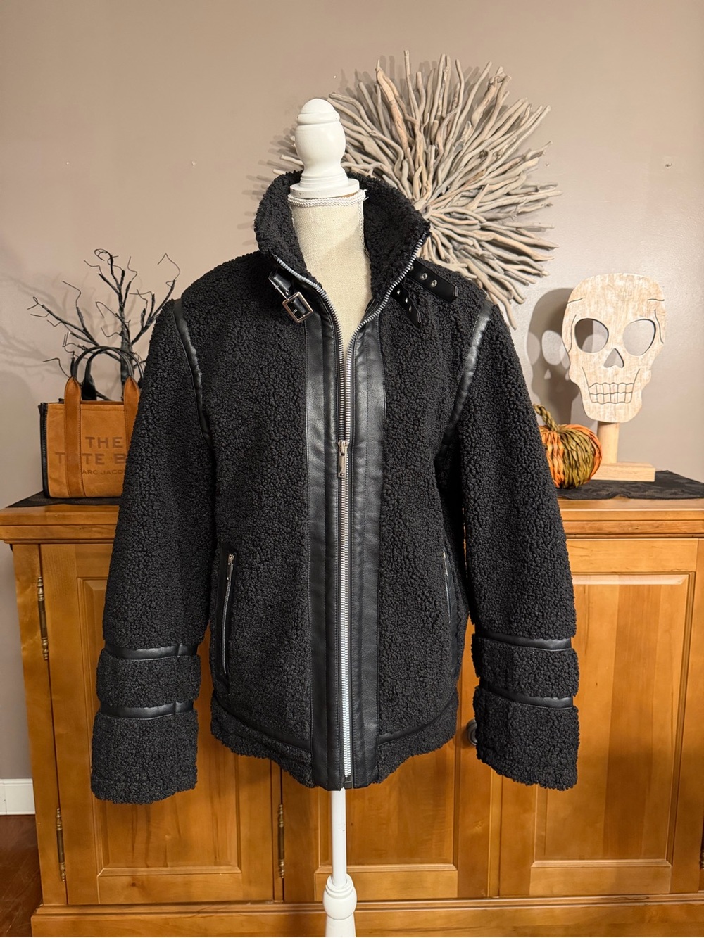 Karl Lagerfeld Paris Black Sherpa Faux Leather Moto Coat Jacket